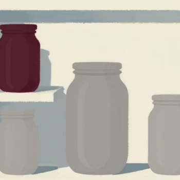 Gouache painting of two shelves holding the same three jars in opposite orders, the short jar on the top shelf painted red