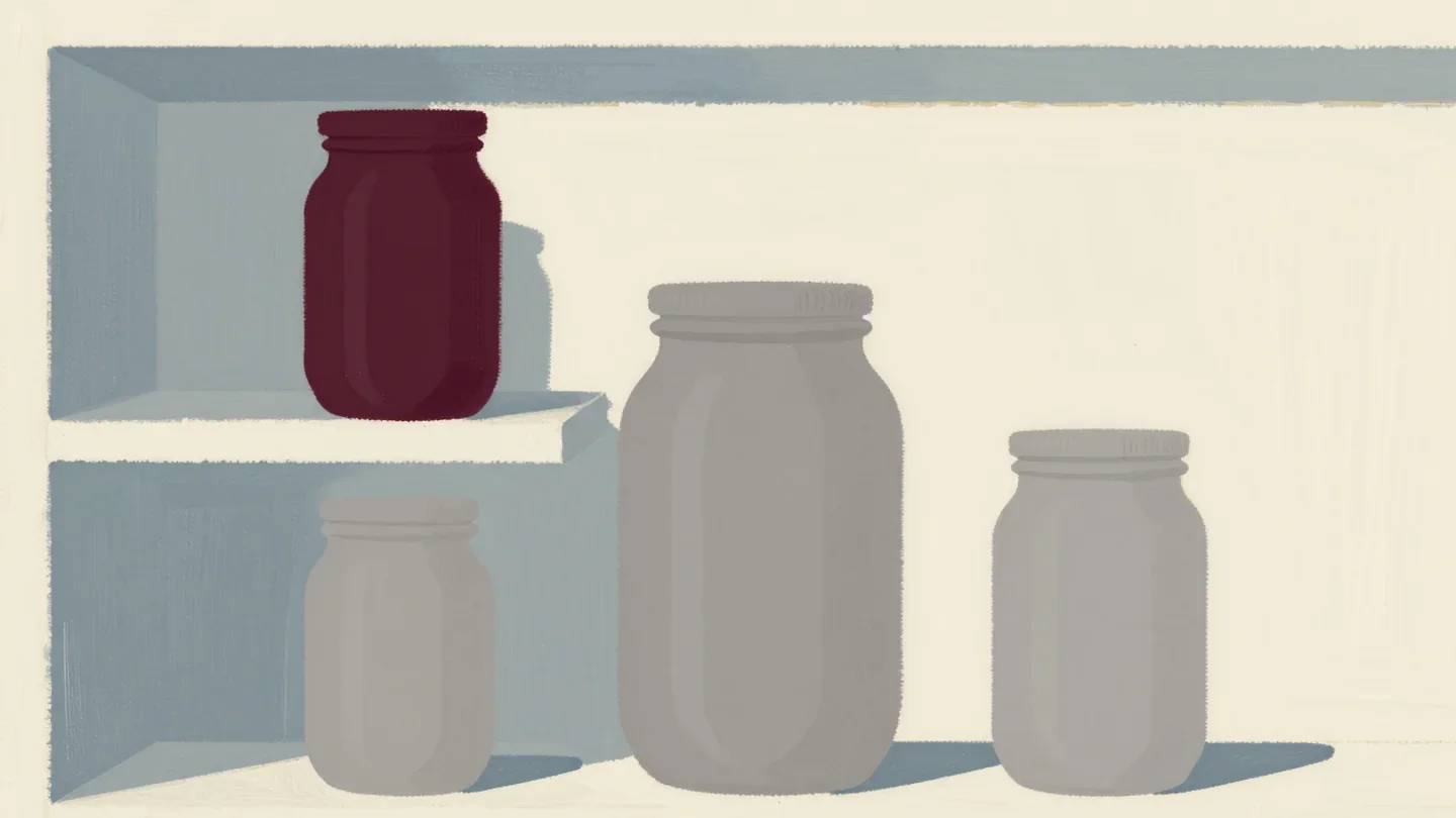 Gouache painting of two shelves holding the same three jars in opposite orders, the short jar on the top shelf painted red