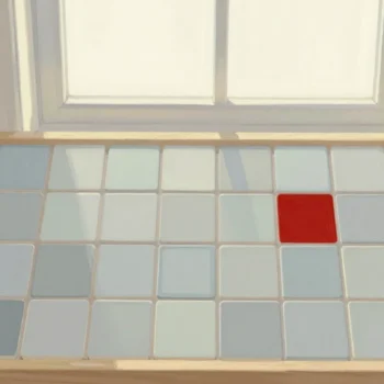 Gouache painting of a grid of pale blue mosaic tiles in a wooden frame with one vermilion tile