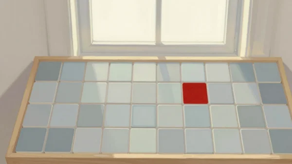 Gouache painting of a grid of pale blue mosaic tiles in a wooden frame with one vermilion tile