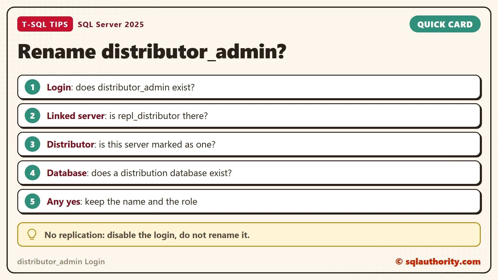Quick card titled Rename distributor_admin?: Login: does distributor_admin exist?; Linked server: is repl_distributor there?; Distributor: is this server marked as one?; Database: does a distribution database exist?; Any yes: keep the name and the role. Tip: No replication: disable the login, do not rename it.