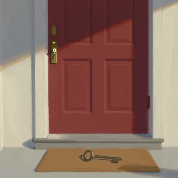 Gouache painting of a repainted vermilion front door with an old key on the mat that no longer fits