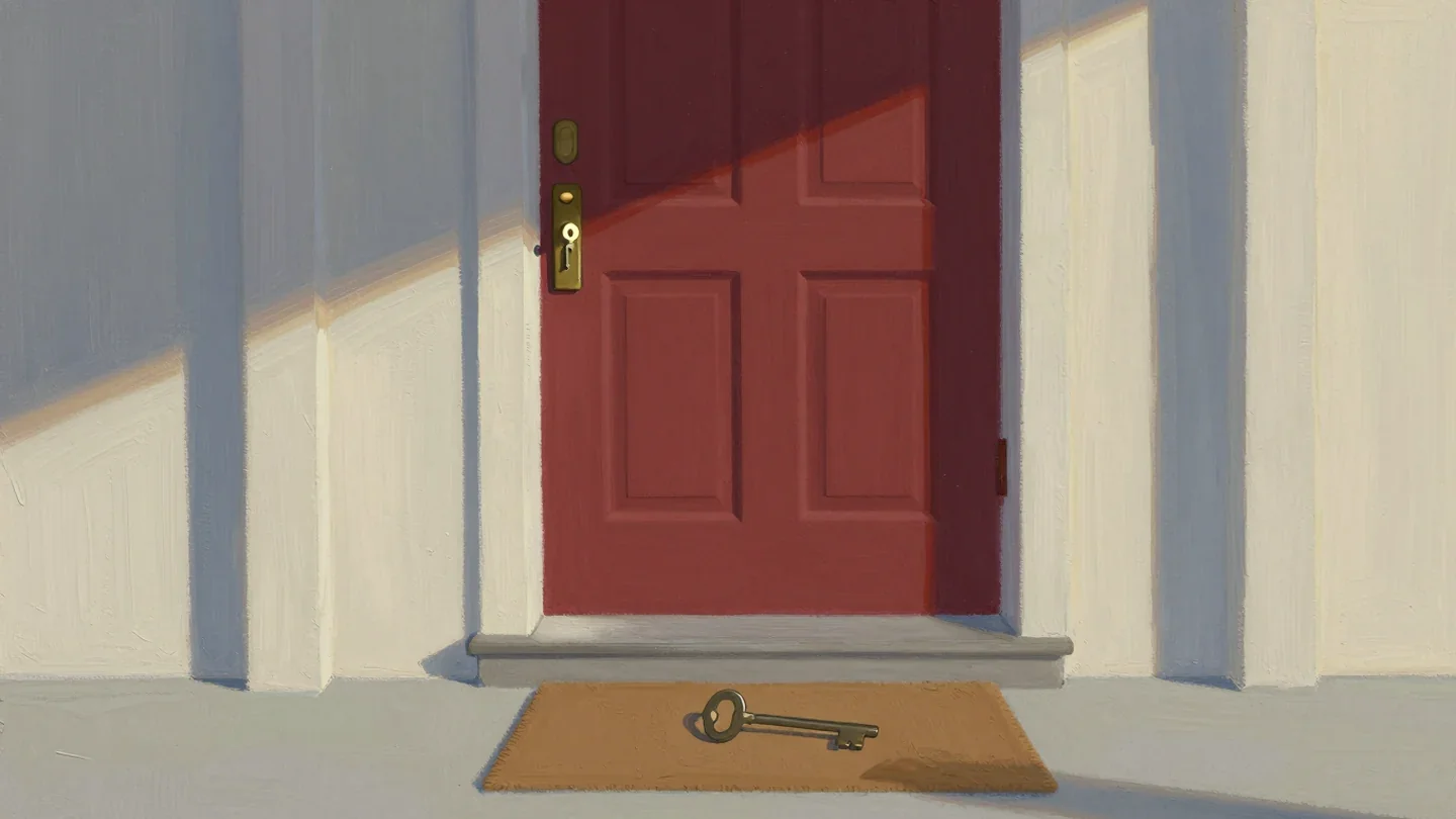 Gouache painting of a repainted vermilion front door with an old key on the mat that no longer fits