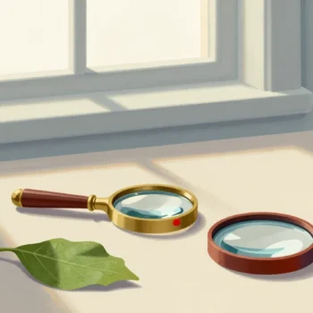 Gouache painting of a leaf under an old brass magnifying glass and a new lens with a vermilion rim