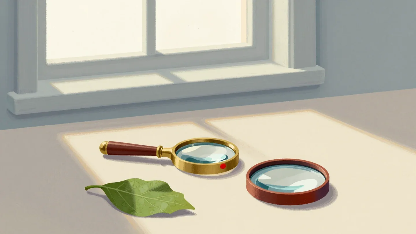 Gouache painting of a leaf under an old brass magnifying glass and a new lens with a vermilion rim