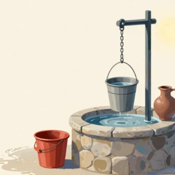 Gouache painting of a village well with a vermilion bucket brought up full beside a jug