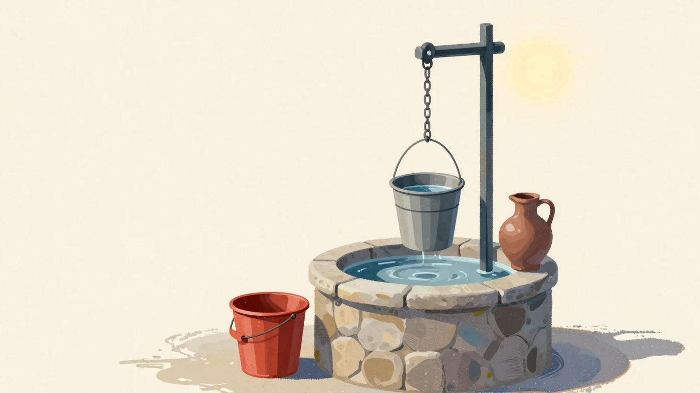 Gouache painting of a village well with a vermilion bucket brought up full beside a jug