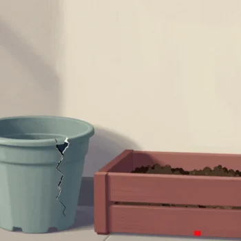 Gouache painting of a balcony with a cracked pot, a fresh pot and a vermilion planter box full of soil