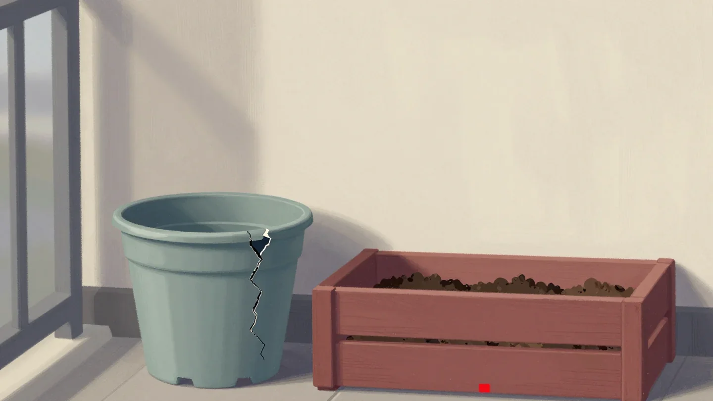 Gouache painting of a balcony with a cracked pot, a fresh pot and a vermilion planter box full of soil