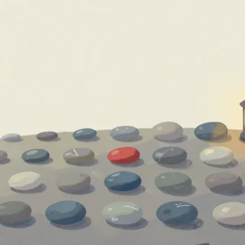 Gouache painting of rows of pebbles arranged smallest to largest on a flat rock with one vermilion pebble