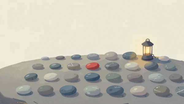 Gouache painting of rows of pebbles arranged smallest to largest on a flat rock with one vermilion pebble