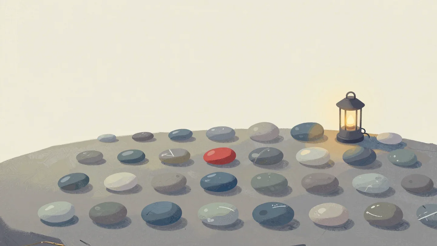 Gouache painting of rows of pebbles arranged smallest to largest on a flat rock with one vermilion pebble