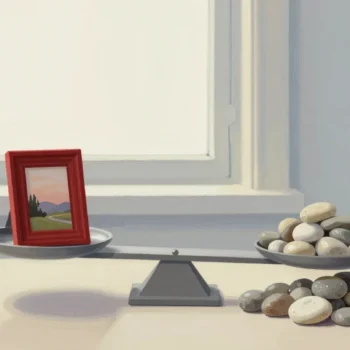 Gouache painting of a balance scale where one small framed painting with a red frame outweighs a heap of pebbles