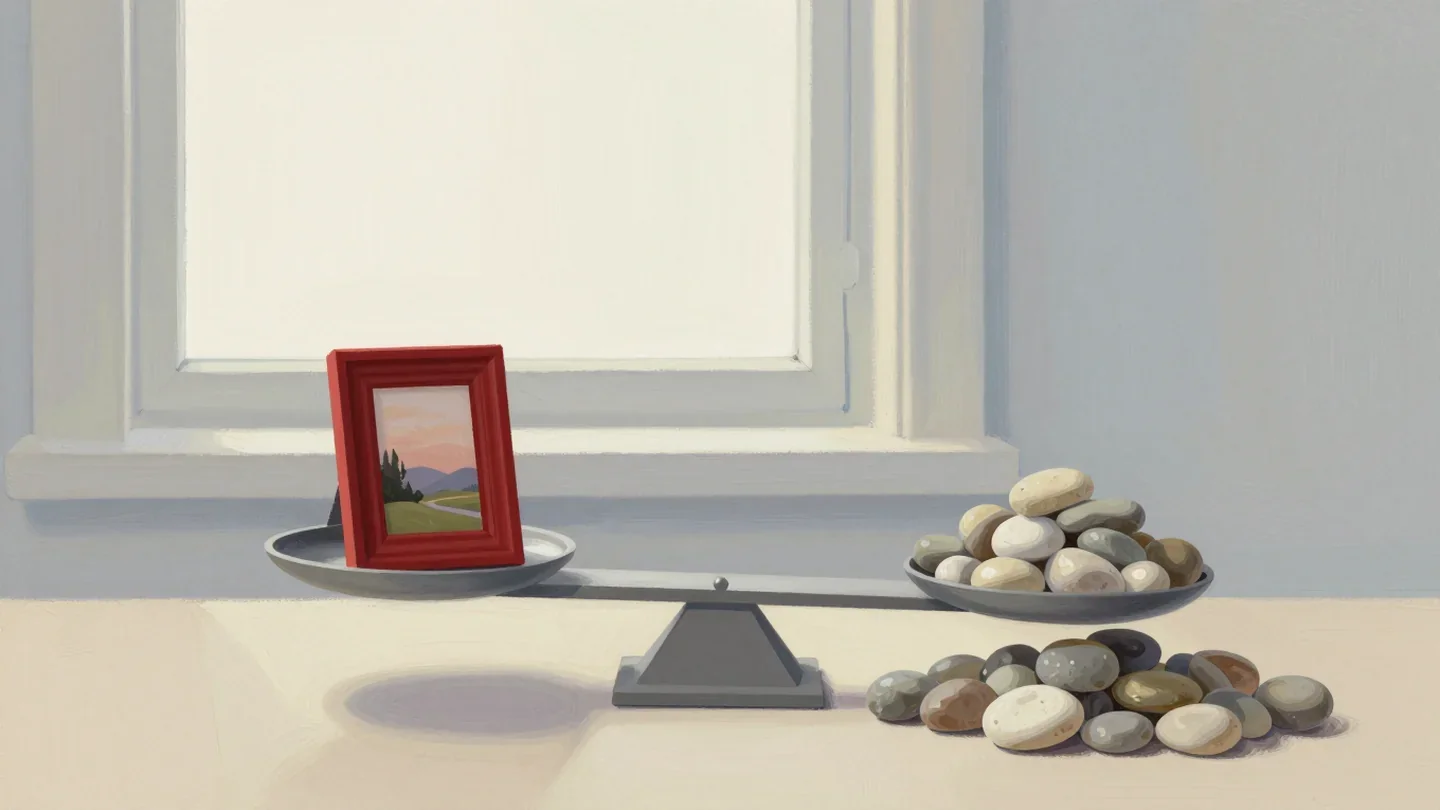 Gouache painting of a balance scale where one small framed painting with a red frame outweighs a heap of pebbles
