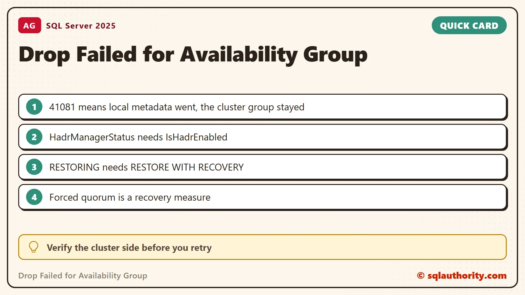Quick reference card: Drop Failed for Availability Group: Failed to Destroy the WSFC Group (Error 41000 and 41081)