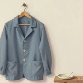Gouache painting of a slate blue jacket on a wooden hanger with every button sewn on, and a dish holding one spare button, vermilion thread and a needle