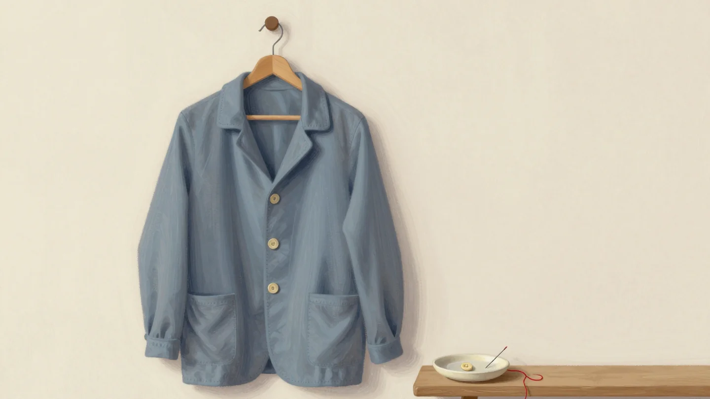 Gouache painting of a slate blue jacket on a wooden hanger with every button sewn on, and a dish holding one spare button, vermilion thread and a needle