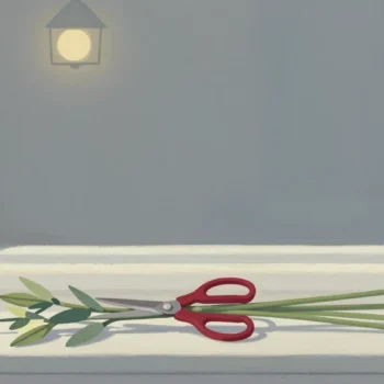 Gouache painting of three flower stems clipped in one cut by vermilion shears on a florist's bench