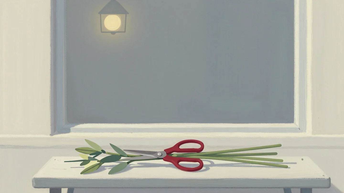 Gouache painting of three flower stems clipped in one cut by vermilion shears on a florist's bench
