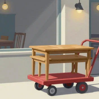 Gouache painting of a vermilion cart carrying three small stacked wooden tables