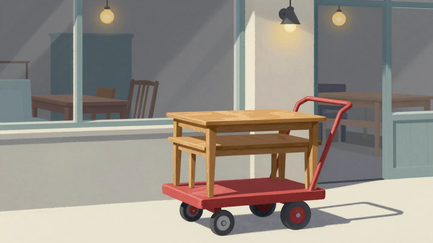 Gouache painting of a vermilion cart carrying three small stacked wooden tables