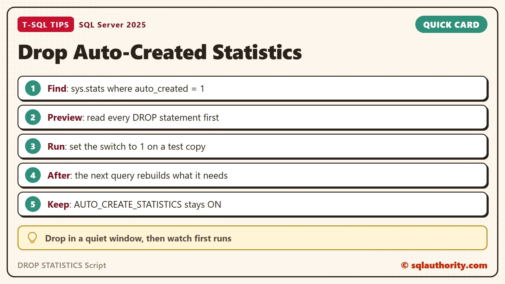 Quick card titled Drop Auto-Created Statistics: Find: sys.stats where auto_created = 1. Preview: read every DROP statement first. Run: set the switch to 1 on a test copy. After: the next query rebuilds what it needs. Keep: AUTO_CREATE_STATISTICS stays ON. Tip: Drop in a quiet window, then watch first runs.