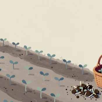 Gouache painting of a garden bed with many small seedlings and a wicker basket holding pulled ones