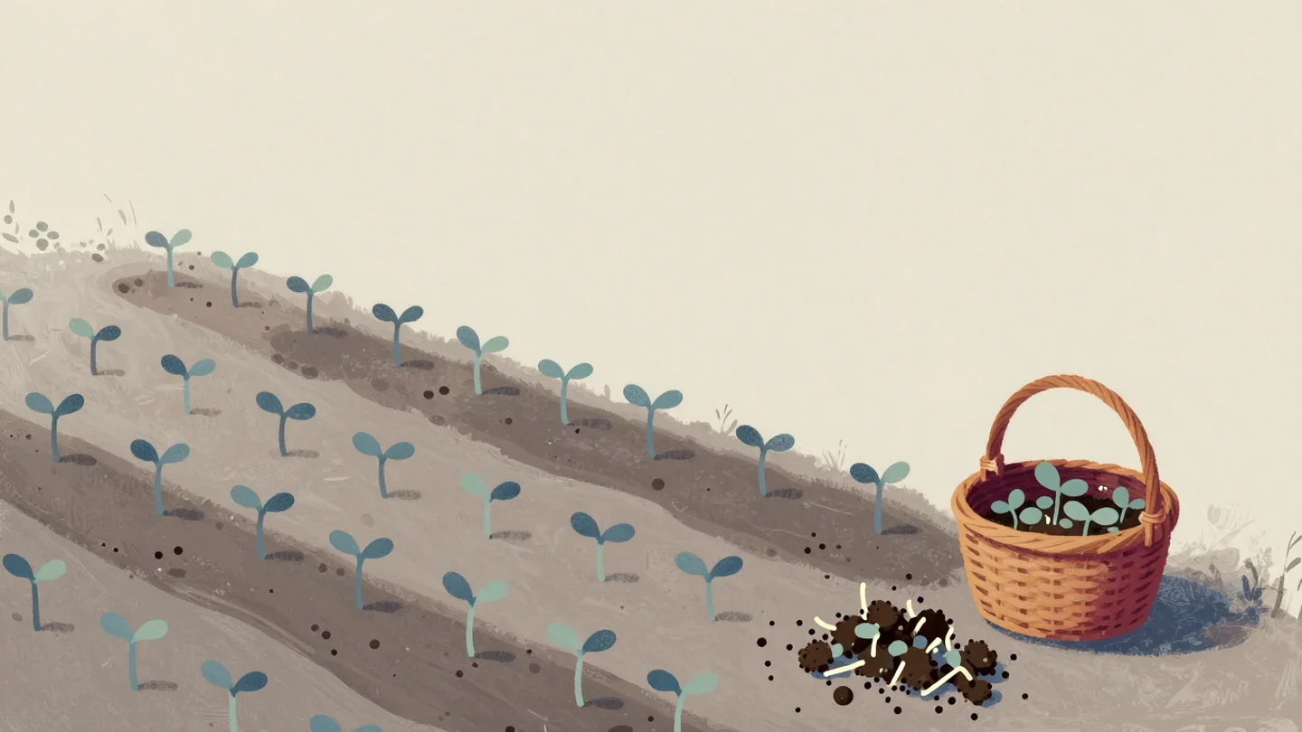 Gouache painting of a garden bed with many small seedlings and a wicker basket holding pulled ones