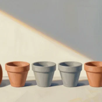 Gouache painting of six clay pots on a potting bench, five tipped over and empty, one upright vermilion pot