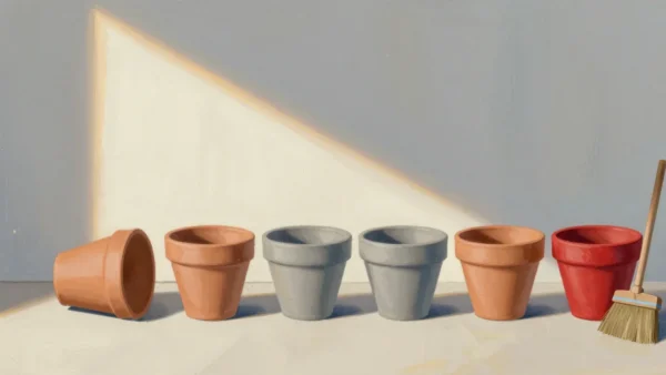 Gouache painting of six clay pots on a potting bench, five tipped over and empty, one upright vermilion pot