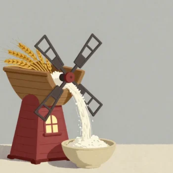 Gouache painting of a wooden hopper pouring wheat in and flour out into a bowl, with the hopper painted vermilion