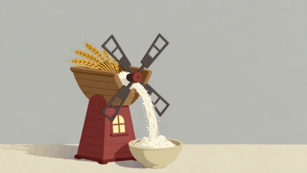 Gouache painting of a wooden hopper pouring wheat in and flour out into a bowl, with the hopper painted vermilion