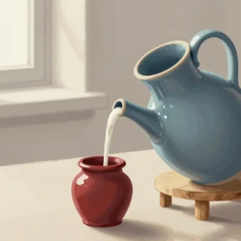 Gouache painting of a slate blue jug on a small wooden pouring stand pouring glaze into a vermilion jar