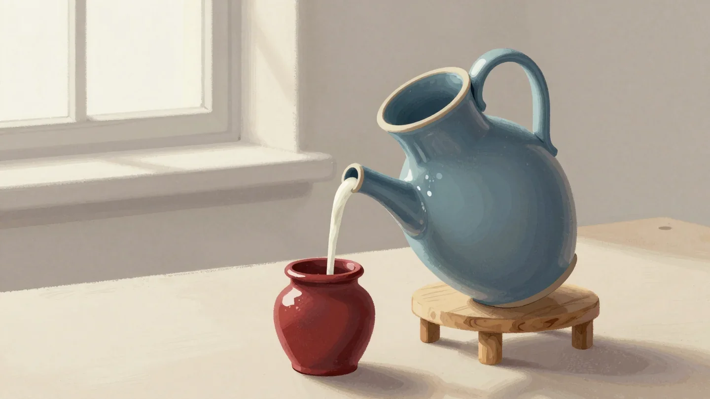 Gouache painting of a slate blue jug on a small wooden pouring stand pouring glaze into a vermilion jar