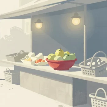 Gouache painting of a long vermilion fruit bowl in a market aisle with small private baskets under the counter