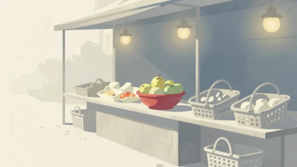 Gouache painting of a long vermilion fruit bowl in a market aisle with small private baskets under the counter