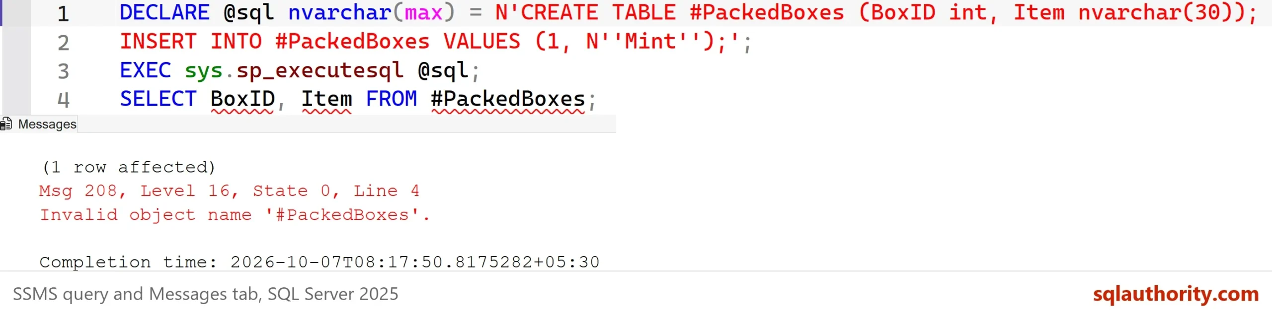 SSMS Messages tab showing (1 row affected) and then Msg 208, Level 16, State 0, Line 4, Invalid object name '#PackedBoxes'.