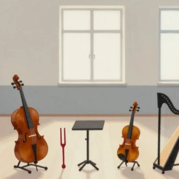 Gouache painting of a cello, a violin and a harp with a small music stand and a single vermilion tuning fork between them