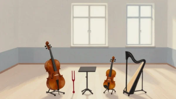 Gouache painting of a cello, a violin and a harp with a small music stand and a single vermilion tuning fork between them