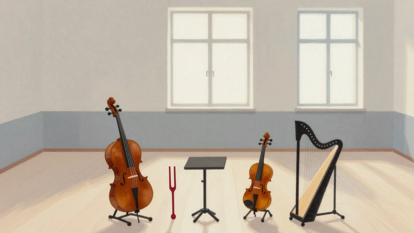 Gouache painting of a cello, a violin and a harp with a small music stand and a single vermilion tuning fork between them
