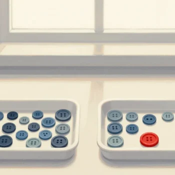 Gouache painting of two trays of buttons, one mixed together and one sorted by size, with one large red button