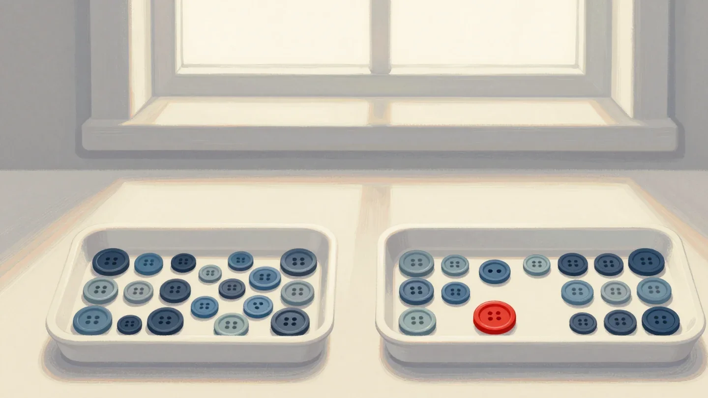 Gouache painting of two trays of buttons, one mixed together and one sorted by size, with one large red button