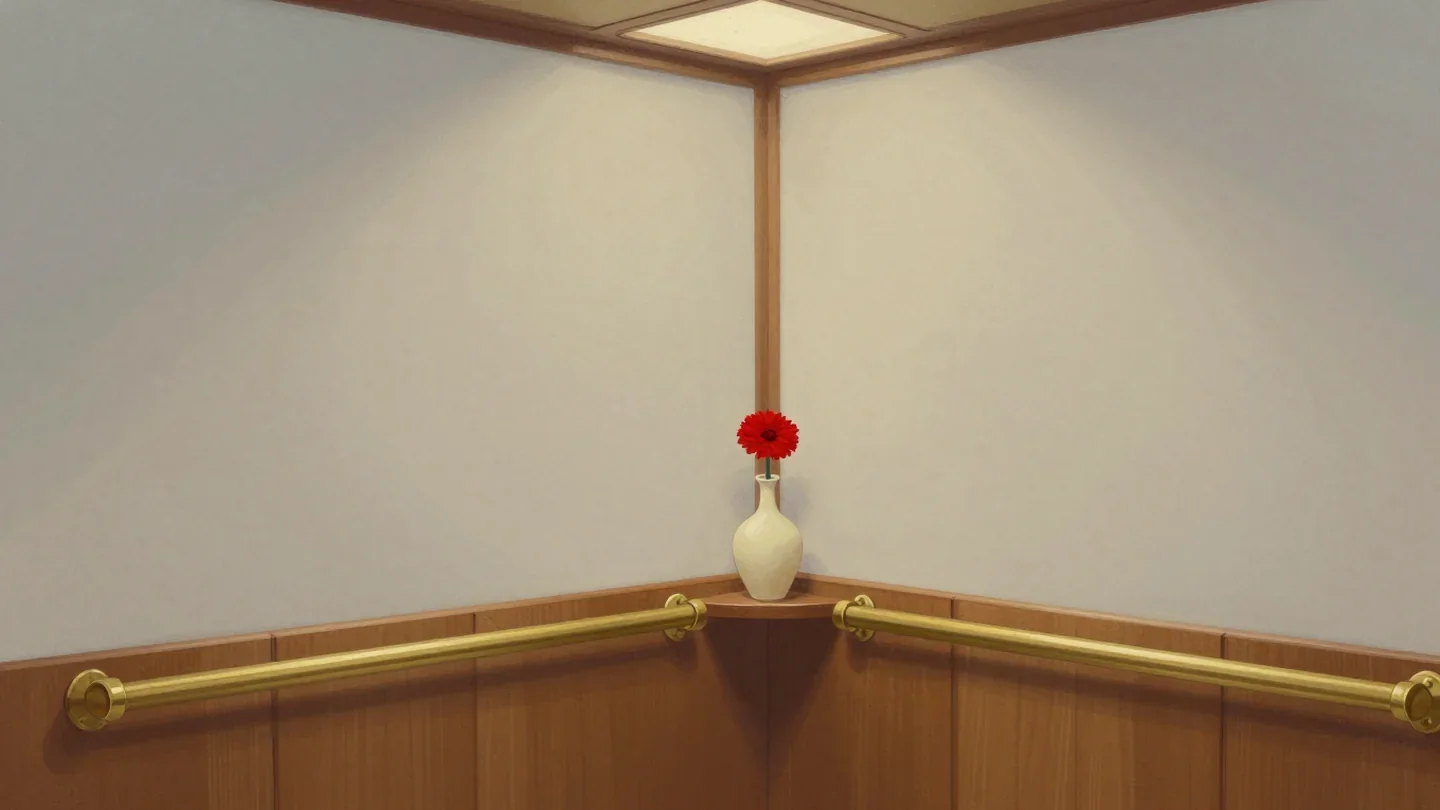 Gouache painting of a quiet elevator corner with a brass handrail and a small vase holding one vermilion flower on a narrow shelf