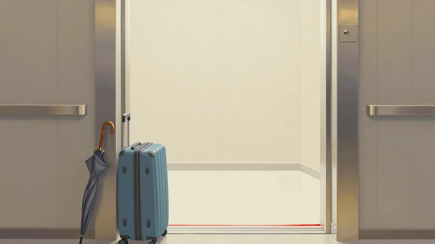 Gouache painting looking out of an open elevator at a slate blue suitcase and a grey umbrella waiting to one side of the doorway, leaving the path clear, with a vermilion strip on the threshold