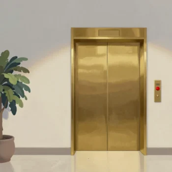 Gouache painting of closed brass elevator doors in a calm lobby, with a single vermilion call button beside them and a potted plant