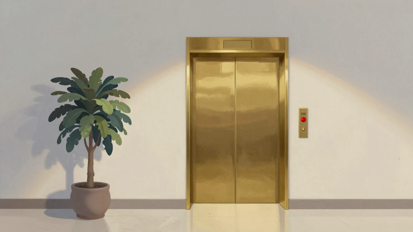 Gouache painting of closed brass elevator doors in a calm lobby, with a single vermilion call button beside them and a potted plant