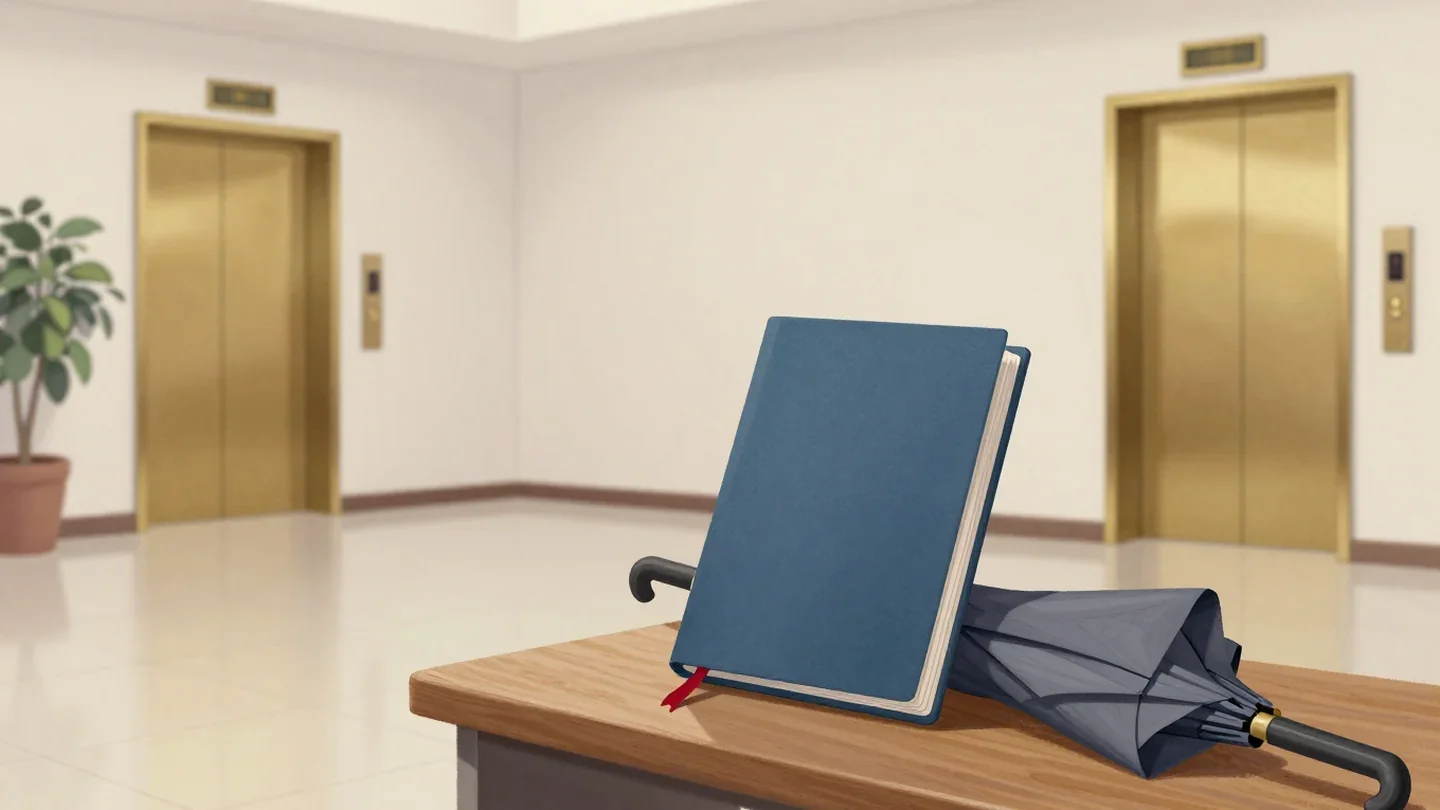 Gouache painting of a blue folder with a vermilion ribbon and a folded grey umbrella resting on a lobby bench, with brass elevator doors behind