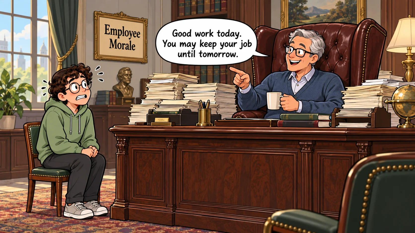 Cartoon titled Employee Morale: a beaming boss in a huge leather armchair behind a desk piled with paper tells a sweating developer in a tiny chair Good work today. You may keep your job until tomorrow.