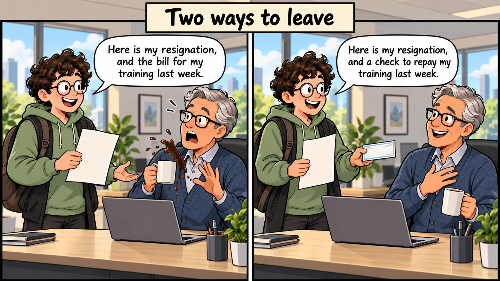 Two panel cartoon titled Two ways to leave: on the left a developer hands over a resignation and the bill for last week's training while the shocked team lead spills coffee; on the right the developer hands over a resignation and a check to repay the training while the team lead looks touched