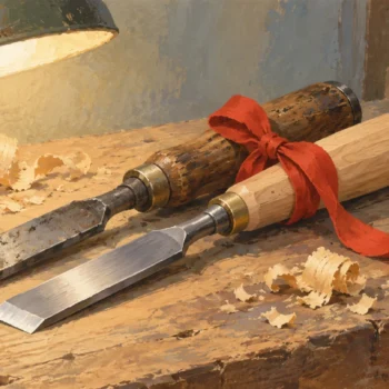 Gouache painting of two chisels on a workbench, one old with a worn handle and one brand new, tied together with a single vermilion ribbon under a warm work lamp